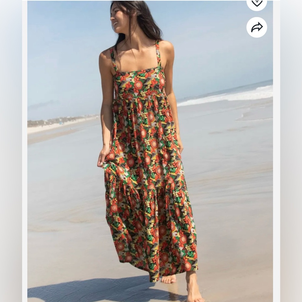 Floral Tiered Maxi Dress with Straps - Red & Green